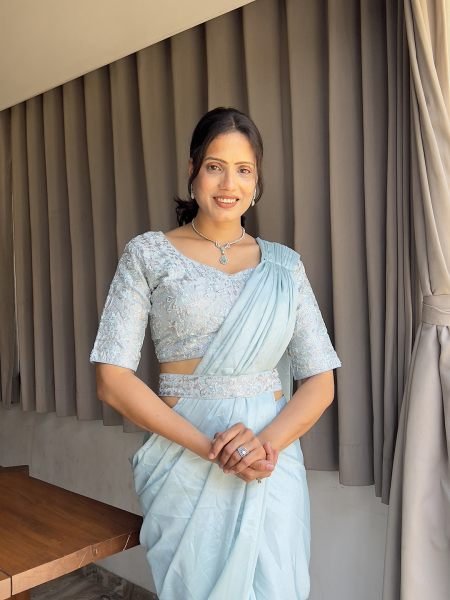 Ready To Wear Chinon Embroidery Work Saree With Stitched Blouse Ready To Wear Sarees