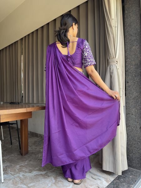 Ready To Wear Chinon Embroidery Work Saree With Stitched Blouse Ready To Wear Sarees