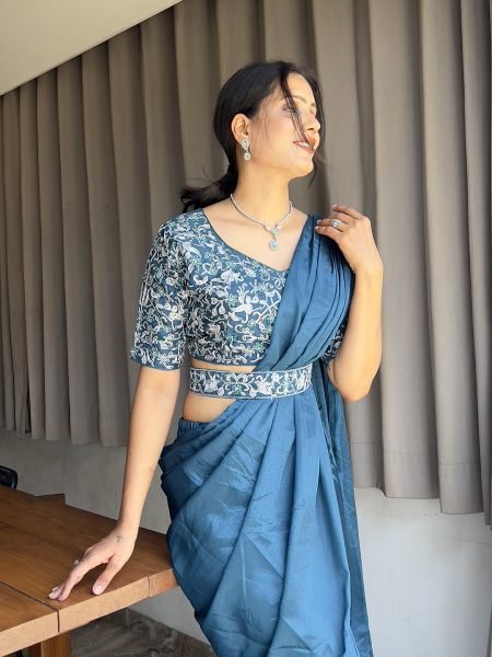 Ready To Wear Chinon Embroidery Work Saree With Stitched Blouse Ready To Wear Sarees