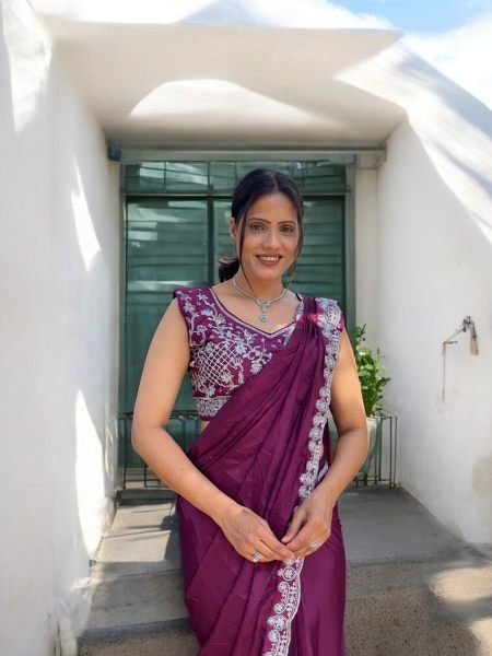 Ready To Wear Chinon Embroidery Work Saree With Stitched Blouse Ready To Wear Sarees