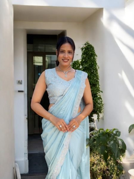 Ready To Wear Chinon Embroidery Work Saree With Stitched Blouse Ready To Wear Sarees