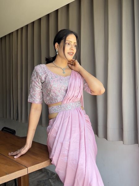 Ready To Wear Chinon Embroidery Work Saree With Stitched Blouse Ready To Wear Sarees