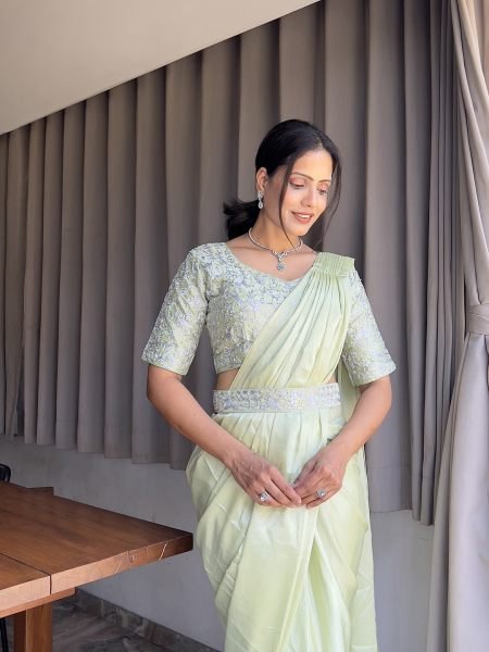 Ready To Wear Chinon Embroidery Work Saree With Stitched Blouse Ready To Wear Sarees