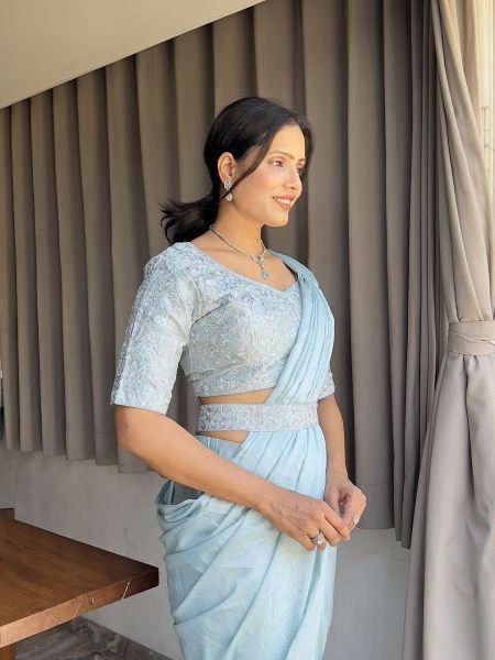 Ready To Wear Chinon Embroidery Work Saree With Stitched Blouse Ready To Wear Sarees