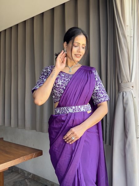 Ready To Wear Chinon Embroidery Work Saree With Stitched Blouse Ready To Wear Sarees