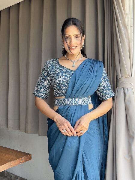 Ready To Wear Chinon Embroidery Work Saree With Stitched Blouse Ready To Wear Sarees