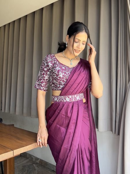 Ready To Wear Chinon Embroidery Work Saree With Stitched Blouse Ready To Wear Sarees