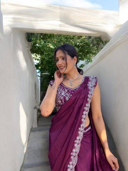 Ready To Wear Chinon Embroidery Work Saree With Stitched Blouse Ready To Wear Sarees