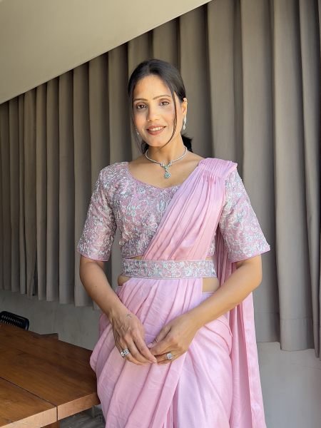 Ready To Wear Chinon Embroidery Work Saree With Stitched Blouse Ready To Wear Sarees