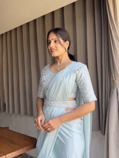 Ready To Wear Chinon Embroidery Work Saree With Stitched Blouse Ready To Wear Sarees