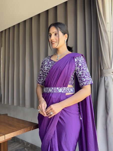 Ready To Wear Chinon Embroidery Work Saree With Stitched Blouse Ready To Wear Sarees