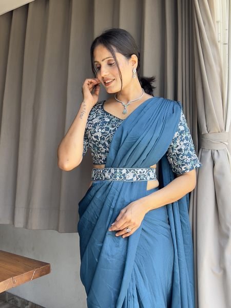 Ready To Wear Chinon Embroidery Work Saree With Stitched Blouse Ready To Wear Sarees