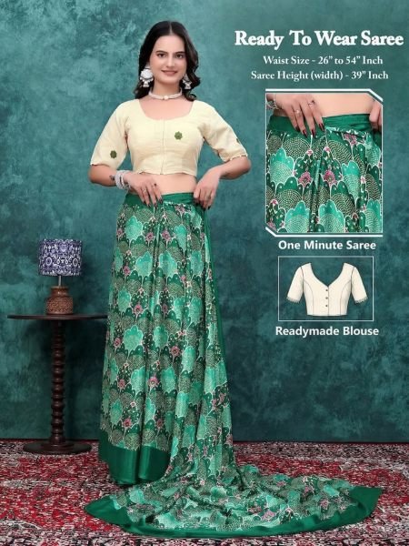 Ready to Wear Chinon Saree with Block Print Design With Readymade Blouse Saree