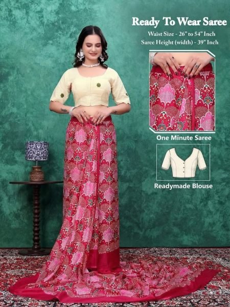 Ready to Wear Chinon Saree with Block Print Design With Readymade Blouse Saree