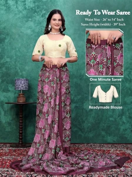 Ready to Wear Chinon Saree with Block Print Design With Readymade Blouse Saree