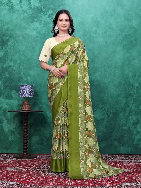 Ready to Wear Chinon Saree with Block Print Design With Readymade Blouse Ready To Wear Sarees