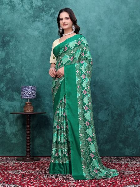 Ready to Wear Chinon Saree with Block Print Design With Readymade Blouse Ready To Wear Sarees