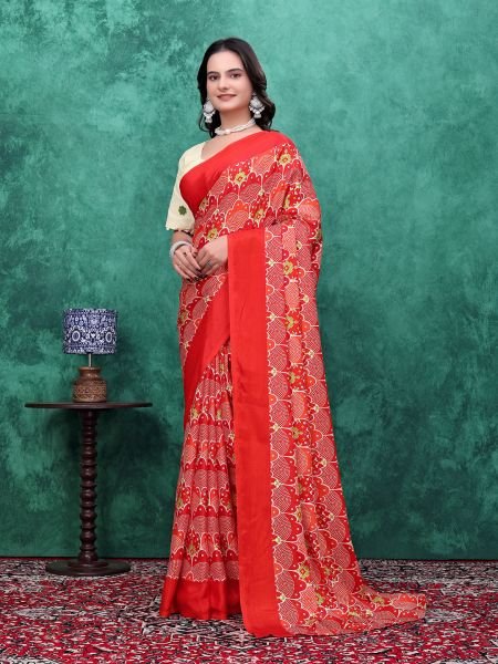Ready to Wear Chinon Saree with Block Print Design With Readymade Blouse Ready To Wear Sarees