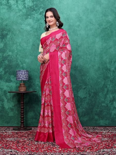 Ready to Wear Chinon Saree with Block Print Design With Readymade Blouse Ready To Wear Sarees