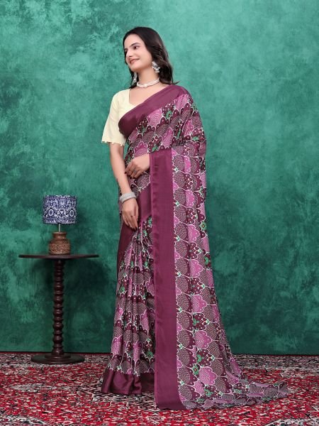 Ready to Wear Chinon Saree with Block Print Design With Readymade Blouse Ready To Wear Sarees