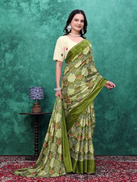 Ready to Wear Chinon Saree with Block Print Design With Readymade Blouse Ready To Wear Sarees
