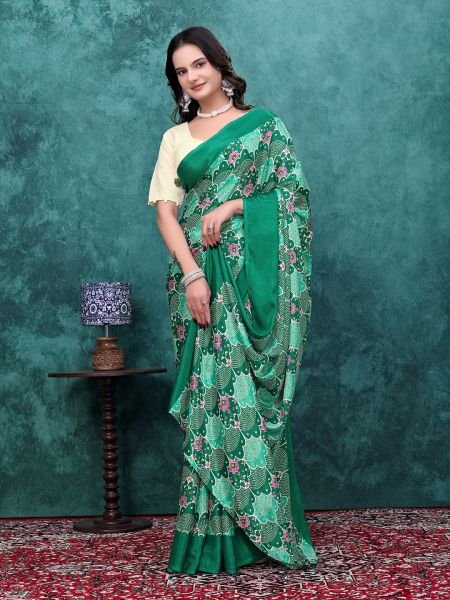 Ready to Wear Chinon Saree with Block Print Design With Readymade Blouse Ready To Wear Sarees