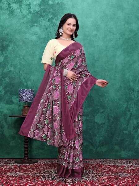 Ready to Wear Chinon Saree with Block Print Design With Readymade Blouse Ready To Wear Sarees