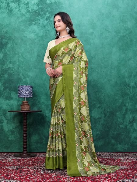 Ready to Wear Chinon Saree with Block Print Design With Readymade Blouse Ready To Wear Sarees