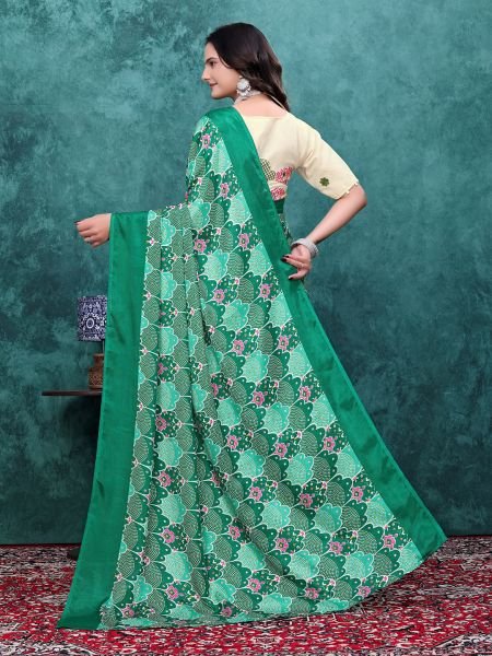 Ready to Wear Chinon Saree with Block Print Design With Readymade Blouse Ready To Wear Sarees