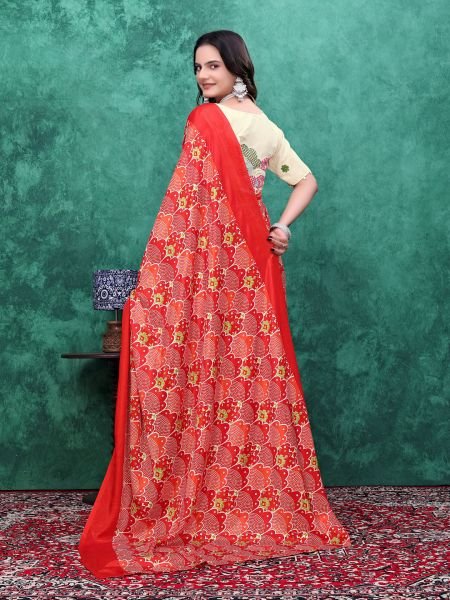 Ready to Wear Chinon Saree with Block Print Design With Readymade Blouse Ready To Wear Sarees