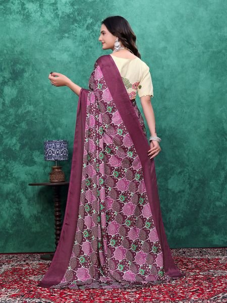Ready to Wear Chinon Saree with Block Print Design With Readymade Blouse Ready To Wear Sarees