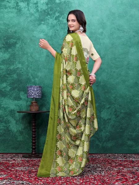 Ready to Wear Chinon Saree with Block Print Design With Readymade Blouse Ready To Wear Sarees