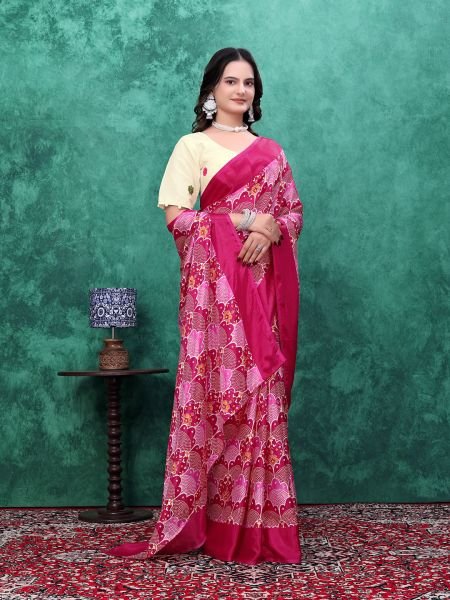 Ready to Wear Chinon Saree with Block Print Design With Readymade Blouse Ready To Wear Sarees