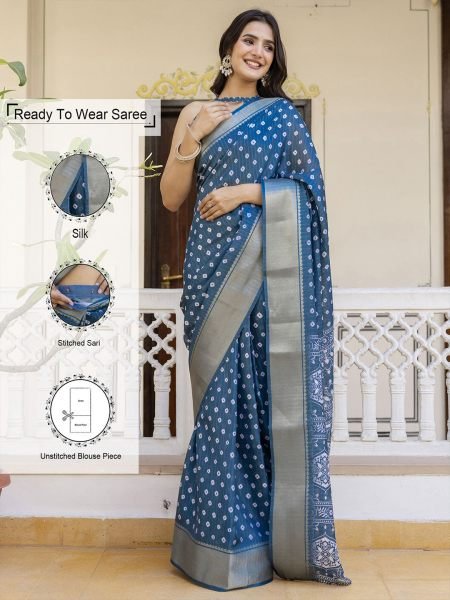 Ready to Wear Dola Silk Bandhani Saree with Zari Woven Border Daily Deals