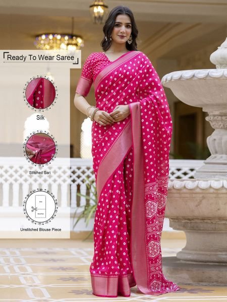 Ready to Wear Dola Silk Bandhani Saree with Zari Woven Border Daily Deals