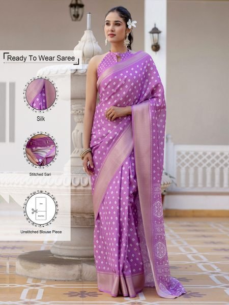 Ready to Wear Dola Silk Bandhani Saree with Zari Woven Border Ready To Wear Sarees