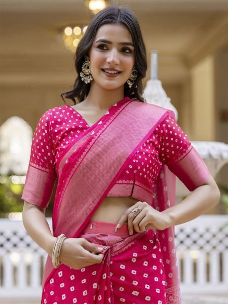 Ready to Wear Dola Silk Bandhani Saree with Zari Woven Border Ready To Wear Sarees