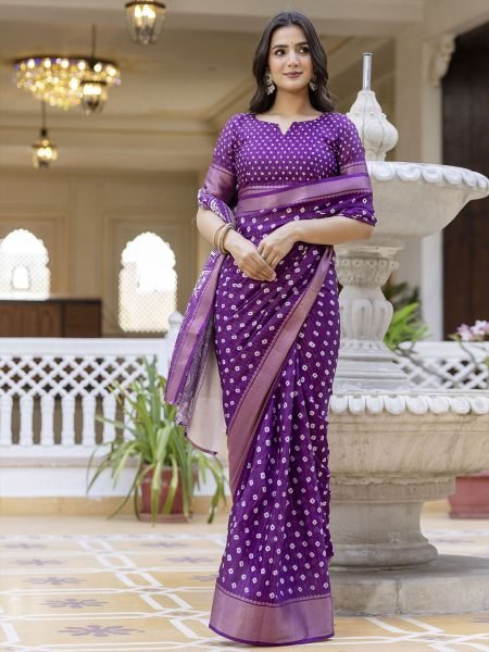 Ready to Wear Dola Silk Bandhani Saree with Zari Woven Border    Ready To Wear Sarees