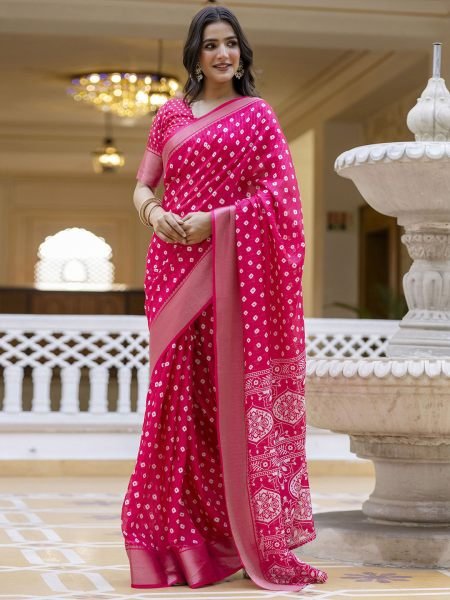Ready to Wear Dola Silk Bandhani Saree with Zari Woven Border Ready To Wear Sarees