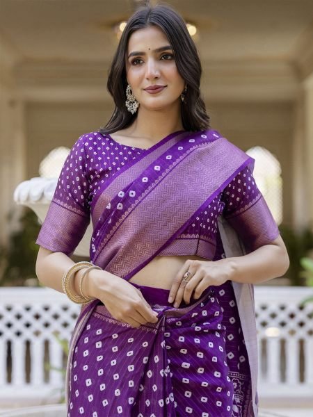 Ready to Wear Dola Silk Bandhani Saree with Zari Woven Border    Ready To Wear Sarees