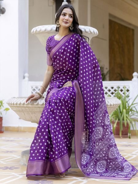 Ready to Wear Dola Silk Bandhani Saree with Zari Woven Border    Ready To Wear Sarees
