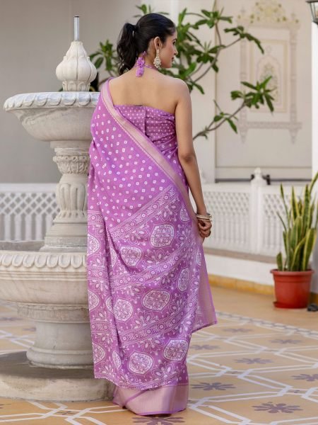 Ready to Wear Dola Silk Bandhani Saree with Zari Woven Border Ready To Wear Sarees