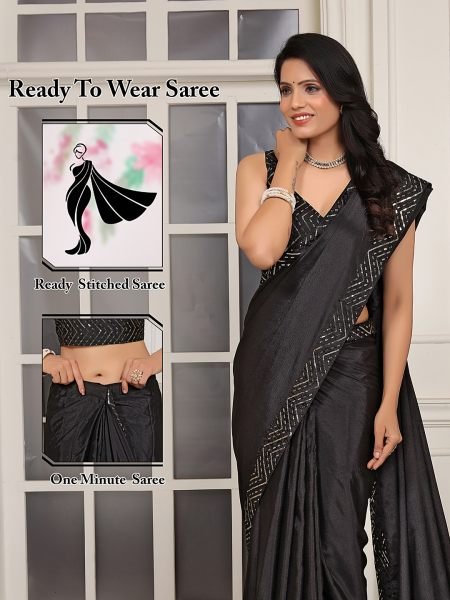 Ready To Wear Embroidered Lace Chinon Solid Plain Black Saree Sale