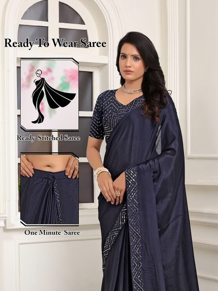 Ready To Wear Embroidered Lace Chinon Solid Plain Navy Blue Saree Sale