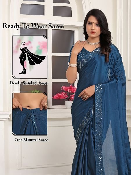 Ready To Wear Embroidered Lace Chinon Solid Plain Teal Blue Saree Sale