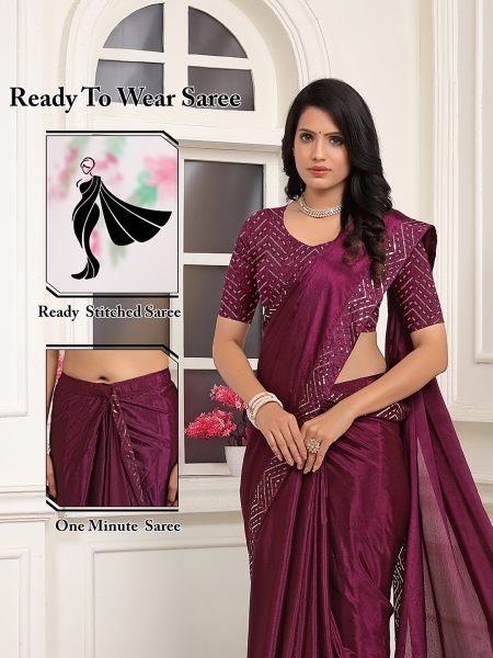 Ready To Wear Embroidered Lace Chinon Solid Plain Wine Saree Sale