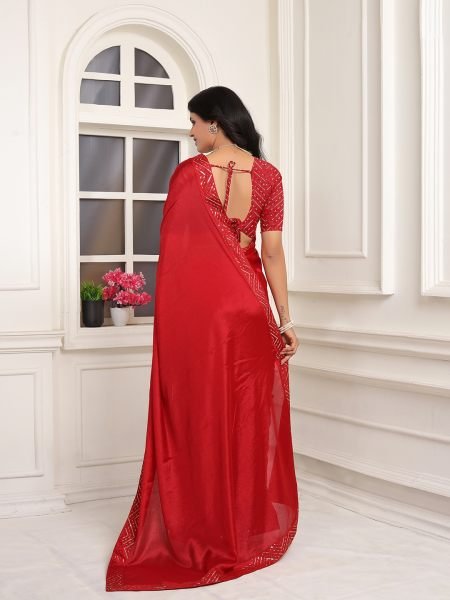 Ready To Wear Embroidered Lace Chinon Solid Plain Red Saree Ready To Wear Sarees