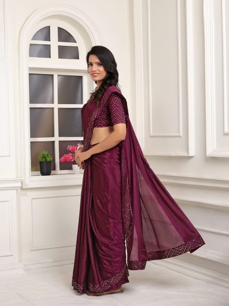 Ready To Wear Embroidered Lace Chinon Solid Plain Wine Saree Ready To Wear Sarees