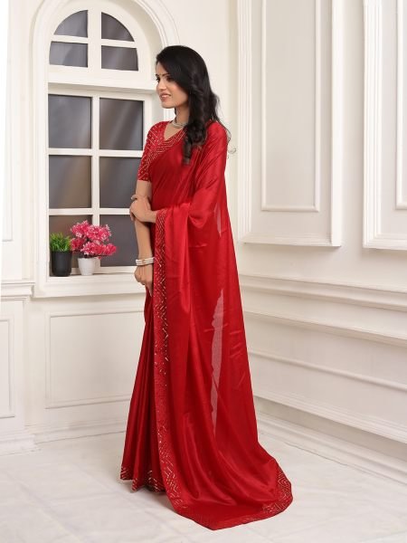 Ready To Wear Embroidered Lace Chinon Solid Plain Red Saree Ready To Wear Sarees
