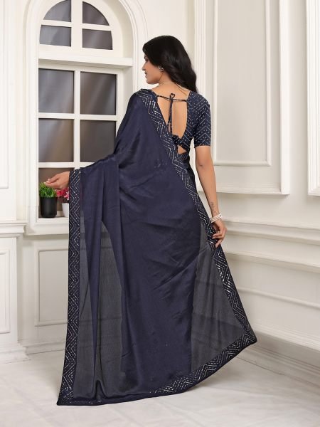 Ready To Wear Embroidered Lace Chinon Solid Plain Navy Blue Saree Ready To Wear Sarees